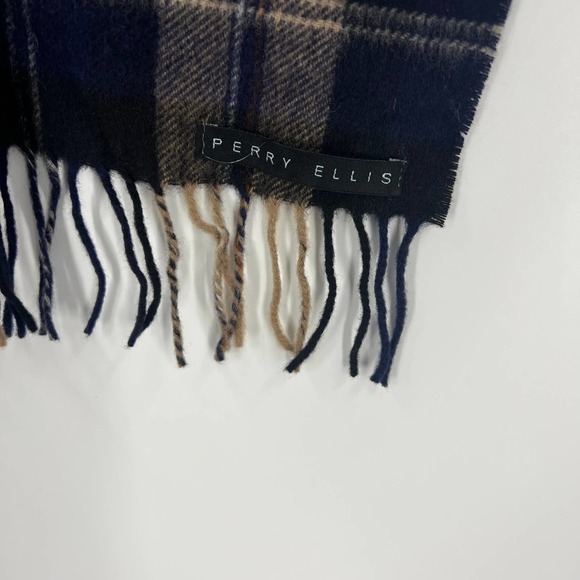 Vintage Warm Winter Scarf 100% Cashmere Plaid Blue Tan Fringe Unisex One Size - Picture 4 of 5